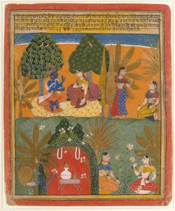 Krishna og Radha med sine fortrolige: Side fra en spredt Gita Govinda, ca. 1655-60. av Style of Manohar