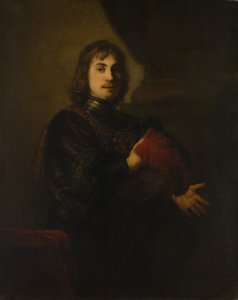Portrett av en mann med brystvern og plymet hatt.