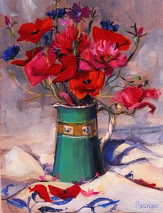 Valmuer og kornblomster i grønn mugge, 1994,