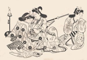 Samurai og kurtisan sitter, en tjener ved siden av dem, ca. 1685., ca. 1685.