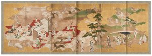Piknik under kirsebærblomster og båttur på elven, midten av 1700-tallet (Par skjermer med seks paneler; blekk, farge og gull på papir) av Sukenobu Nishikawa