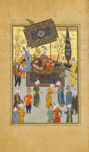 Khusrau sitter på sin trone, Folio 64 fra en Khamsa Quintet of Nizami, A.H. 931A.D. 1524-25. Skapere: Sultan Muhammad Nur, Mahmud Muzahhib, Shaikh Zada. av Sultan Muhammad Nur, Mahmud Muzahhib, Shaikh Zada