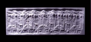 Håndtert sylindertetningsavtrykk, Uruk (nå Warka, Irak), ca. 3300-3000 f.Kr. (gips)