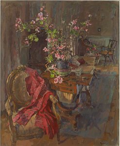 Rød frakk med geranium av Susan Ryder