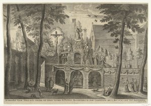 Stellage reist i Antwerpen i anledning kanoniseringen av Peter av Alcantara i 1669 Skildringer av steinklippen til ære for H. Peter Alcantara i syne Canonization den X. Sept. MDCLXIX til Antwerpen (tittel på objekt) av Susanna Verbruggen (possibly)