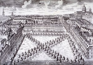 Fugleperspektiv av Charterhouse Square, Finsbury, London, c1750 av Sutton Nicholls