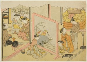 A Cup of Sake before Bed (Toko sakazuki), det sjette arket i serien "Marriage in Brocade Prints, the Carriage of the Virtuous Woman (Konrei nishiki misao-guruma)" av Suzuki Harunobu