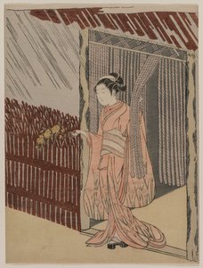 En jente som kler seg i rosa av Suzuki Harunobu