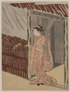 En jente som kler seg i rosa, 1766. av Suzuki Harunobu