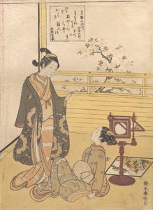 En tenåringsgutt og -jente med en seer for et optisk bilde Nozoki-karakuri, Kobo Da..., ca. 1788. av Suzuki Harunobu