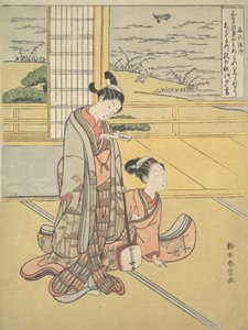A Young Man and Woman with a Shamisen, Monk Saigyo, fra en serie som henspiller på The Thre..., ca. 1768. av Suzuki Harunobu