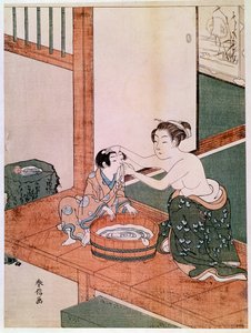 En naken mor vasker barnet sitt i Japan nær et basseng fylt med vann. Trykk av Haronobu Suzuki (1725 -1770). 1766-1768. Dim. 0,27x0,201 m. Paris, Guimet-museet, Nasjonalmuseet for asiatisk kunst