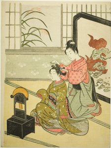 Autumn Moon in the Mirror (Kyodai no shugetsu), fra serien "Eight Views of the Parlour (Zashiki hakkei)" av Suzuki Harunobu