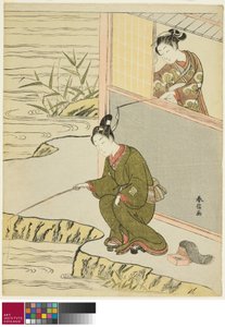 Skjønnhet som erter en ung mann som fisker, ca. 1768 av Suzuki Harunobu