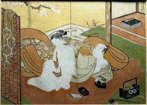 Et par elskere liggende i et interiør med skjerm, kalligrafiboks Nishiki-e print (Nishiki e) av Suzuki Harunobu (1725-rundt 1770) 1765 ca. Sol. 20,6x27,8 cm Privat samling av Suzuki Harunobu