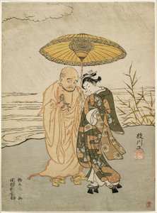 Daruma og en ung kvinne i regnet av Suzuki Harunobu