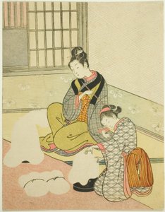 Evening Snow on a Floss Shaper (Nurioke no bosetsu), fra serien "Eight Views of the Parlour (Zashiki hakkei)" av Suzuki Harunobu