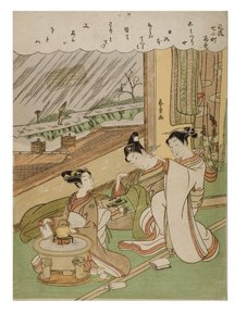Fasjonable 7 Komachis -Komachi Amagoi, ca. 1772-1773 (treblokktrykk på papir) av Suzuki Harunobu