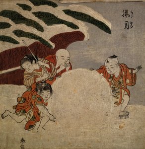 Fire gutter lager en snøball, ca. 1768 (farget treblokktrykk) av Suzuki Harunobu