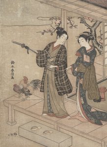 Gentleman tar avskjed med sin frue på en veranda. av Suzuki Harunobu