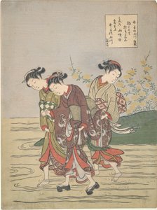 Jenter Fording the Ide no Tamagawa av Suzuki Harunobu