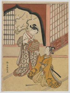 Elskere med et fuglebur, Edo-perioden, ca. 1766-67 (farget treblokktrykk) av Suzuki Harunobu