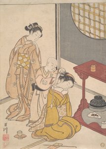 Nattregn ved dobbelthyllestativet, ca. 1766 (treblokktrykk) av Suzuki Harunobu