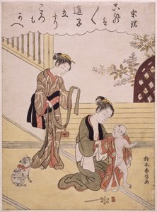 S.312-1941 En mor kler sin unge sønn i en kimono, (farget treblokktrykk) av Suzuki Harunobu