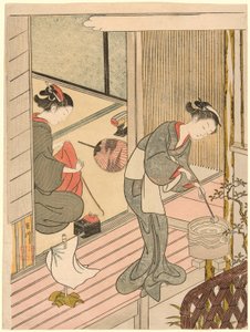 Returning Sails of the Towel Rack (Tenugui-kake no kihan), fra serien "Eight Views of the Parlour (Zashiki hakkei)" av Suzuki Harunobu