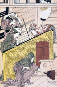 Tjener som jager mus i huset, ukiyo-e kunsttrykk av Suzuki Harunobu (1725-1770), tresnitt, japansk sivilisasjon, Edo-perioden av Suzuki Harunobu