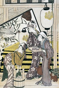 Tjenere som sliter i hjemmet, ukiyo-e kunsttrykk av Suzuki Harunobu (1725-1770), tresnitt, japansk sivilisasjon, Edo-perioden av Suzuki Harunobu