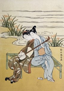 The shamisen: par som spiller shamisen (eller samisen: langermet lut med tre strenger) - av Harunobou, i "Japan artistique""", juli 1890 av Suzuki Harunobu