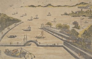 Utsikt over Fukagawa, Edo, ca. 1764., ca. 1764. av Suzuki Harunobu