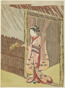 Kvinne som holder en gren av Kerria-blomster i regnet (parodi på Ota Dokan) av Suzuki Harunobu