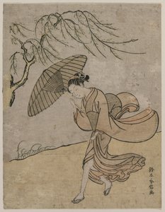 Kvinne som løper forbi et piletre i en bris, 1766 eller 1767. av Suzuki Harunobu
