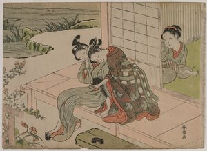 Kvinne som ser på ungt par omfavne seg på en veranda, sent på 1760-tallet. av Suzuki Harunobu