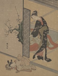 Ung dame ser gjennom døren på Kamuro lille tjener som sover på gulvet. av Suzuki Harunobu