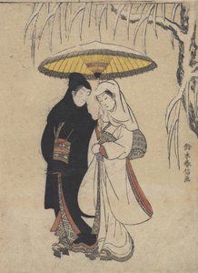 Unge elskere som går sammen under en paraply i en snøstormkråke og hegre, ca. ..., ca. 1769. av Suzuki Harunobu