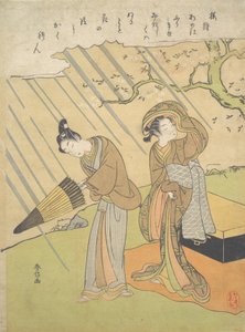 Ung mann og kvinne fanget i regnet mens de nyter kirsebærblomster Sakura-gari..., ca. 1768-70. av Suzuki Harunobu