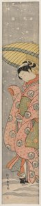 Ung kvinne som står under en paraply i snøen, 1767-1768. av Suzuki Harunobu