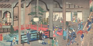 Interiøret i Gankiro Tea House i Yokohama, 1861 april. av Suzuki Hiroshige