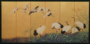 Seksdelt skjerm som viser siv og kraner, Edo-periode, japansk, 1800-tallet (farge på forgylt silke)
