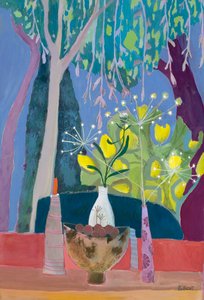 Stilleben med bolle og tre vaser med trær som bakgrunn, 2018 (gouache) av Suzy Fasht