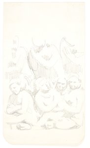Gruppe av sittende figurer med kryssede armer i forgrunnen. Studieark etter relieffer i Borobudur, Java.