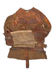 Tvangstrøye eid av Harry Houdini, ca. 1915 (khaki lerret, lær og metallnagler) av Swanfeldt Tent and Awning Co.
