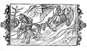 Hest som drar på snøen et bjørneskinn som en finsk sitter på - i "" De Gentibus septrionalibus"" av erkebiskop Olaus Magnus, Sverige av Swedish School