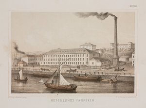‘Rosenlunds Fabriker’ (Rosenlunds Fabrik), Rosenlunds, Stockholm, Sverige, ca. 1840 (farge litho) av Swedish School