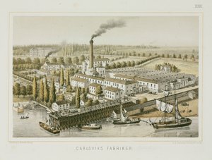 Tekstilfabrikk, Carlsviks, Stockholm, Sverige, ca. 1840 (farge litho)