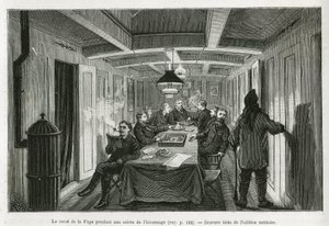 Plassen i La Vega, i løpet av en vinterkveld, og aktivitetene til mannskapet: lesing, sjakk og backgammonspill, samt likørsmaking. Gravering fra den svenske utgaven, for å illustrere historien "" Voyage de la Vega rundt Asia og Europa", av Ni av Swedish School