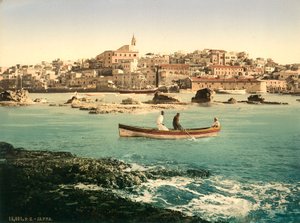 Jaffa havn med byen i bakgrunnen, ca. 1880-1900 (fotokrom)
